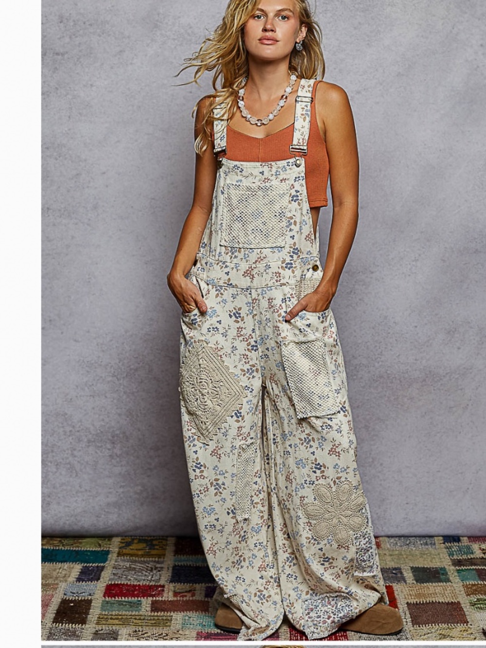 “ Onalee 2 ” POL Overalls with Printed Twill and Crochet Patch NWOT